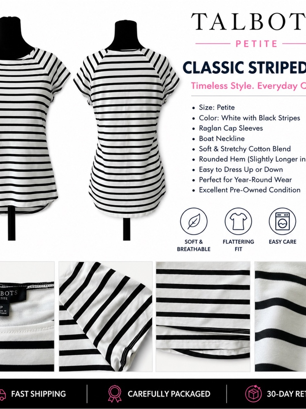 Talbots Black and White Striped Raglan Sleeve stretch knit top women’s PM